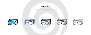 Money icon in different style vector illustration. two colored and black money vector icons designed in filled, outline, line and