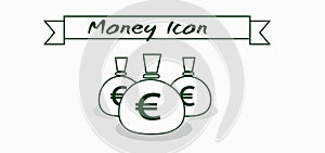 Money icon with euro currency symbol with ribbon over white background, in outlines