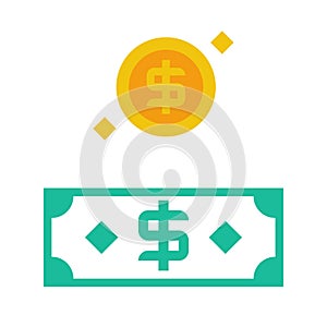 Money icon. Set paper dollar cash and gold coin.