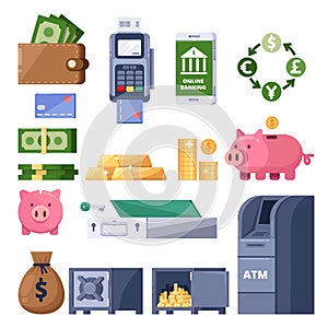 Money icons set. Finance, banking, investment and commerce symbol. ATM, terminal, dollars, piggy bank illustration.