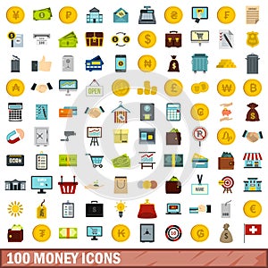 100 money icons set, flat style
