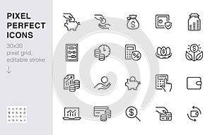 Money income line icon set. Pension fund, profit growth, piggy bank, finance capital minimal vector illustration. Simple