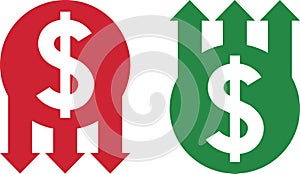 Money increase and decrease icons. Low or high total cost icon. Price, sale, rate or profit going up or down symbol