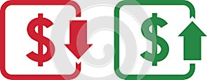 Money increase and decrease icons. Low or high total cost icon. Price, sale, rate or profit going up or down symbol