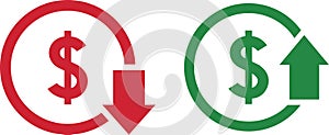 Money increase and decrease icons. Low or high total cost icon. Price, sale, rate or profit going up or down symbol