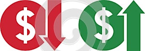 Money increase and decrease icons. Low or high total cost icon. Price, sale, rate or profit going up or down symbol