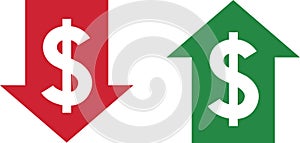 Money increase and decrease icons. Low or high total cost icon. Price, sale, rate or profit going up or down symbol