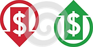 Money increase and decrease icons. Low or high total cost icon. Price, sale, rate or profit going up or down symbol