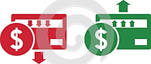 Money increase and decrease icons. Low or high total cost icon. Price, sale, rate or profit going up or down symbol