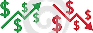 Money increase and decrease icons. Low or high total cost icon. Price, sale, rate or profit going up or down symbol