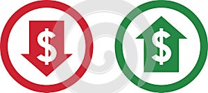 Money increase and decrease icons. Low or high total cost icon. Price, sale, rate or profit going up or down symbol