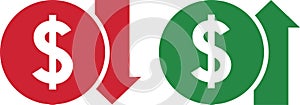 Money increase and decrease icons. Low or high total cost icon. Price, sale, rate or profit going up or down symbol