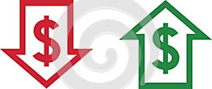 Money increase and decrease icons. Low or high total cost icon. Price, sale, rate or profit going up or down symbol