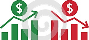 Money increase and decrease icons. Low or high total cost icon. Price, sale, rate or profit going up or down symbol