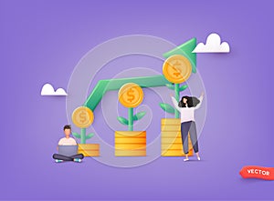 Money investing, financiers analyzing stock market profit. Portfolio income, capital gains income, royalties from investments