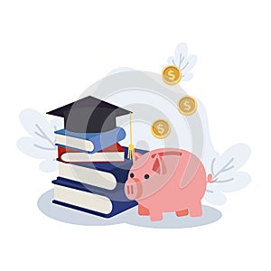 money investment in education Concept. Piggy bank and graduation hat on stack on school textbooks. Flat vector illustration