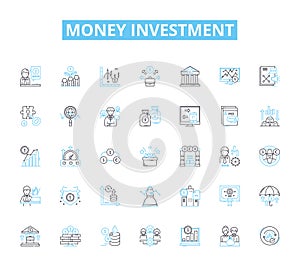 Money investment linear icons set. Portfolio, Securities, Bonds, Shares, Equity, Returns, Liquidity line vector and