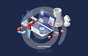 Money Investments Strategy Business Analysis Concept Vector Illustration In Cartoon 3D Style. Isometric Composition Of