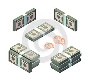 Money isometric. Cash gold coins and dollars finance banking symbols vector collection set