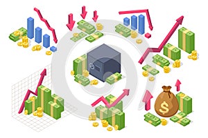 Money isometric chart. Income growth, financial success concept with money, coins, upward arrow. Economic crisis, stock