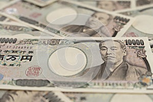 Money Japanese notes. A bundle of bills. Background on the theme of banks, finance and the economy of Japan