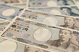 money Japanese notes. A bundle of bills. Background on the theme of banks, finance and the economy of Japan