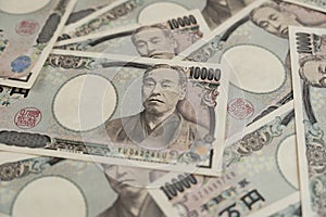 money Japanese notes. A bundle of bills. Background on the theme of banks, finance and the economy of Japan