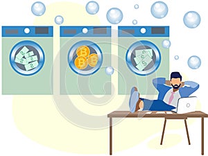 Money laundering. A man in dry cleaning erases dolar and bitcoins. In minimalist style Cartoon flat raster photo