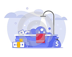 Money laundry or cash washing launder icon in bath flat cartoon illustration, illegal dirty funds cleaning service, criminal