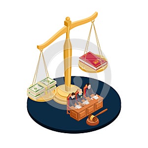 Money or law vector illustration. Corrupt practices isometric concept