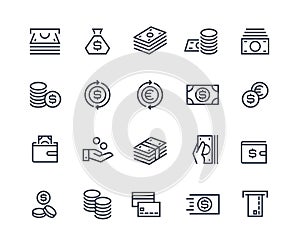 Money line icons. Business payment money market commercial exchange. Cash card wallet, coins vector symbols