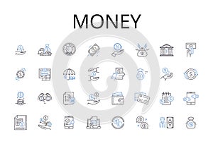 Money line icons collection. Wealth, Currency, Cash, Dough, Bucks, Moolah, Funds vector and linear illustration. Coins