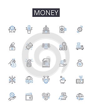 Money line icons collection. Wealth, Currency, Cash, Dough, Bucks, Moolah, Funds vector and linear illustration. Coins photo