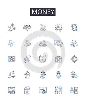 Money line icons collection. Wealth, Currency, Cash, Dough, Bucks, Moolah, Funds vector and linear illustration. Coins photo