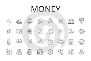 Money line icons collection. Wealth, Currency, Cash, Dough, Bucks, Moolah, Funds vector and linear illustration. Coins photo