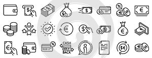 Money line icons. Credit card, Cash and Coins. Vector