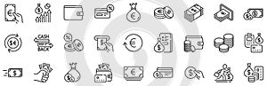 Money line icons. Credit card, Cash and Coins. Vector