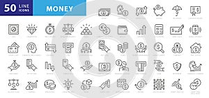 Money line icons. Set of Banking, Wallet and Coins icons.