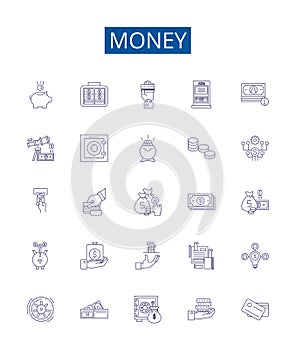 Money line icons signs set. Design collection of Cash, Currency, Wealth, Funds, Riches, Capital, Finances, Bank outline