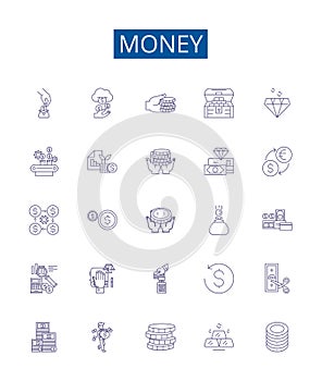 Money line icons signs set. Design collection of Cash, Currency, Wealth, Funds, Riches, Capital, Finances, Bank outline