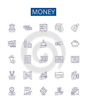 Money line icons signs set. Design collection of Cash, Currency, Wealth, Funds, Riches, Capital, Finances, Bank outline