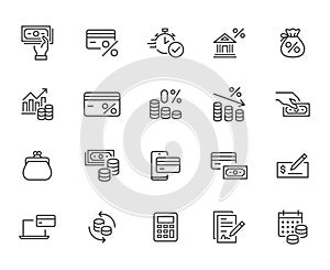 Money loan line icon set. Credit score, low interest, discount card, mortgage percent, tax minimal vector illustration