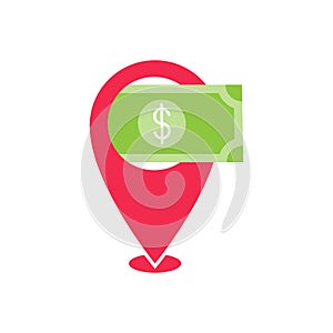 Money Location icon Vector Design. Money cash icon with Location Pin design concept for Banking, Finance, Currency and Trading