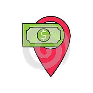 Money Location icon Vector Design. Money cash icon with Location Pin design concept for Banking, Finance, Currency and Trading