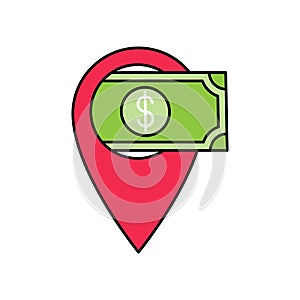 Money Location icon Vector Design. Money cash icon with Location Pin design concept for Banking, Finance, Currency and Trading