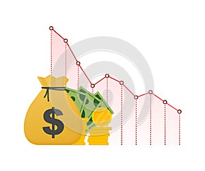 Money loss. Cash with down arrow stocks graph, concept of financial crisis, market fall, bankruptcy. Vector stock illustration