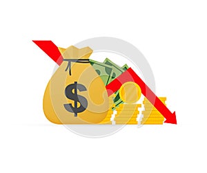 Money loss. Cash with down arrow stocks graph, concept of financial crisis, market fall. Vector illustration.