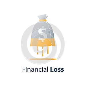 Money loss, sunken cost concept, lack of finance, stock market fall, investment hedge fund, wealth devaluation, income decrease