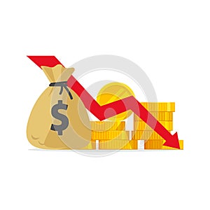 Money loss vector illustration, flat cartoon cash with down arrow stocks graph, financial crisis concept, market fall