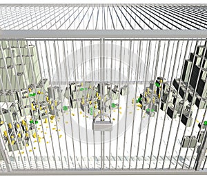 Money lying in a large cage